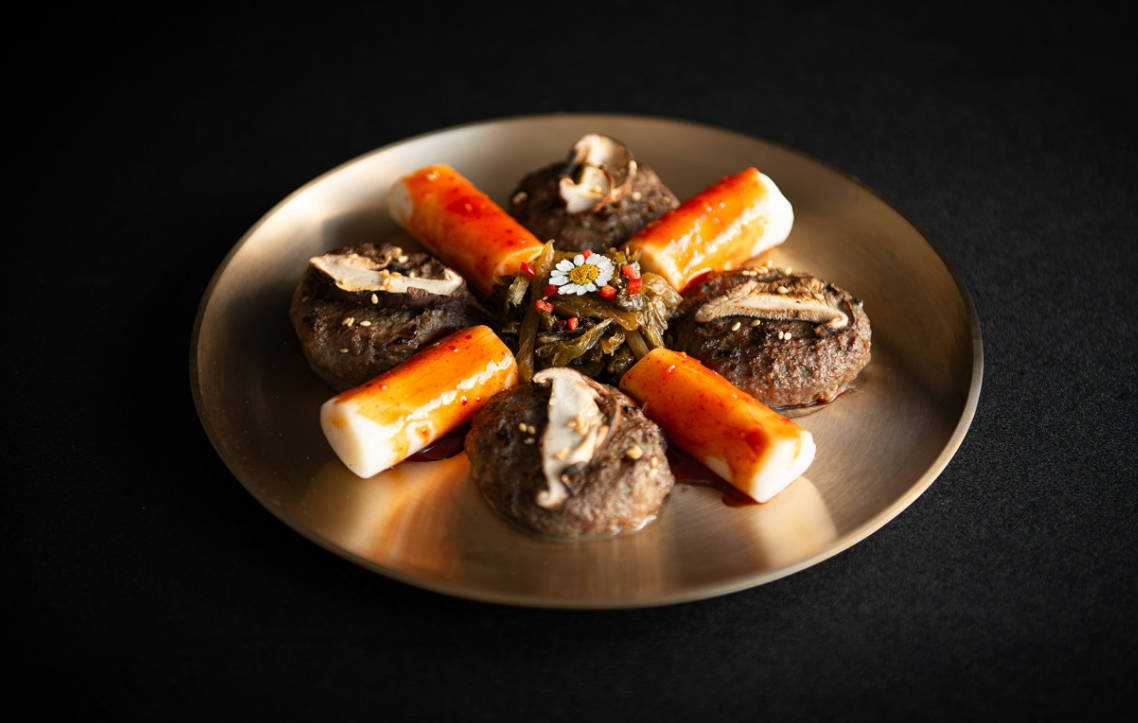 Euljiro Hwarang gallery-like dining bar interior and plated K-food