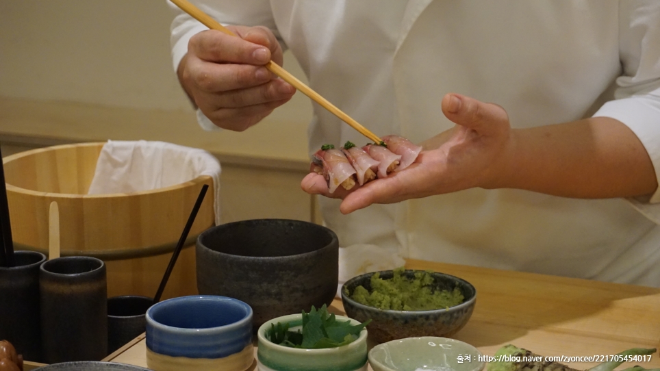 Sushi Hosen omakase counter with nigiri and knife work