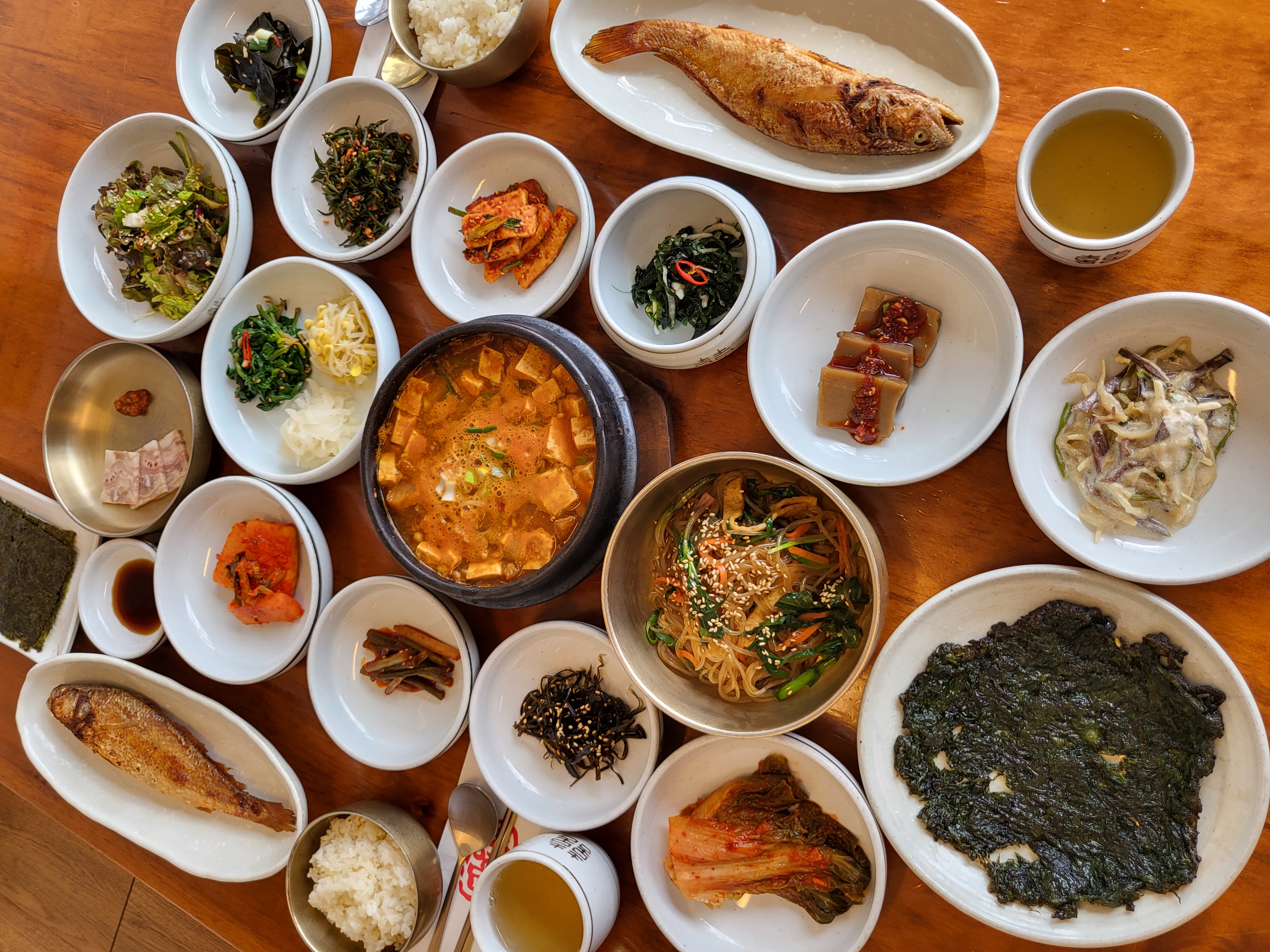 Toam traditional Korean set table in ceramic studio garden