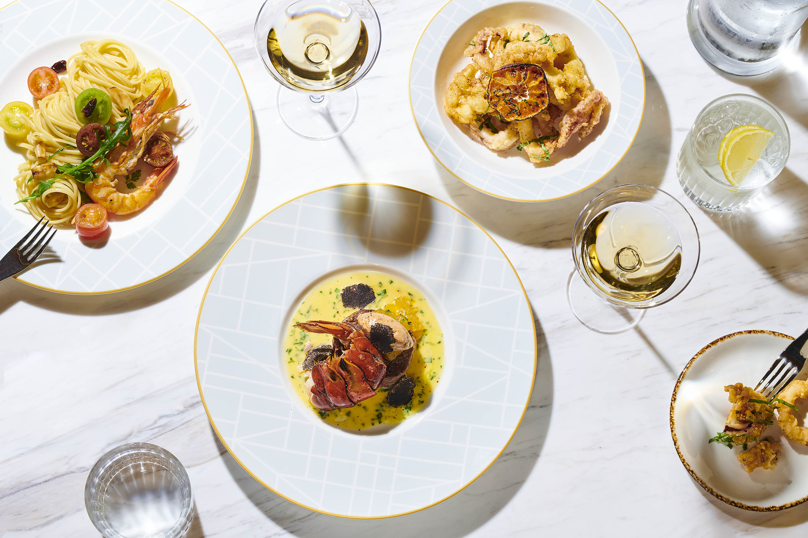 Island Kitchen buffet with seafood and champagne