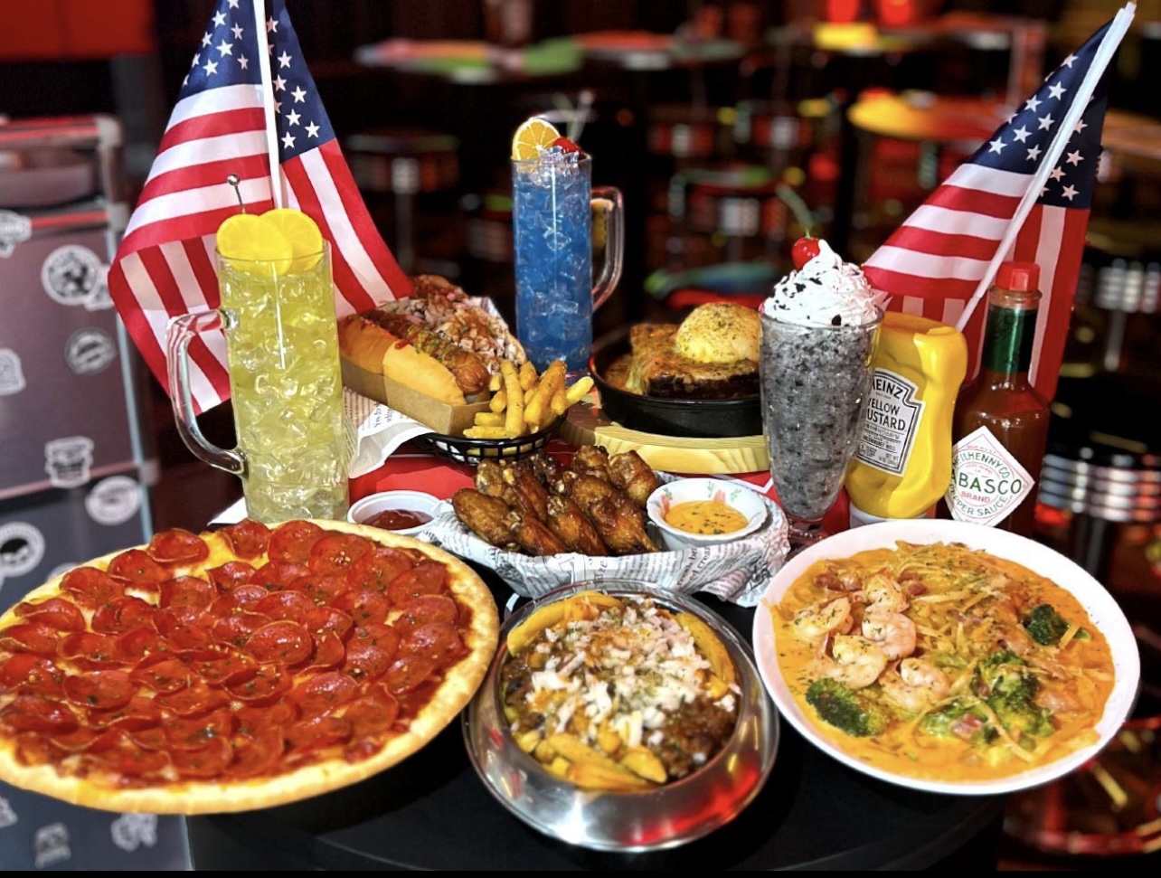 States American diner and bar interior with neon and milkshakes