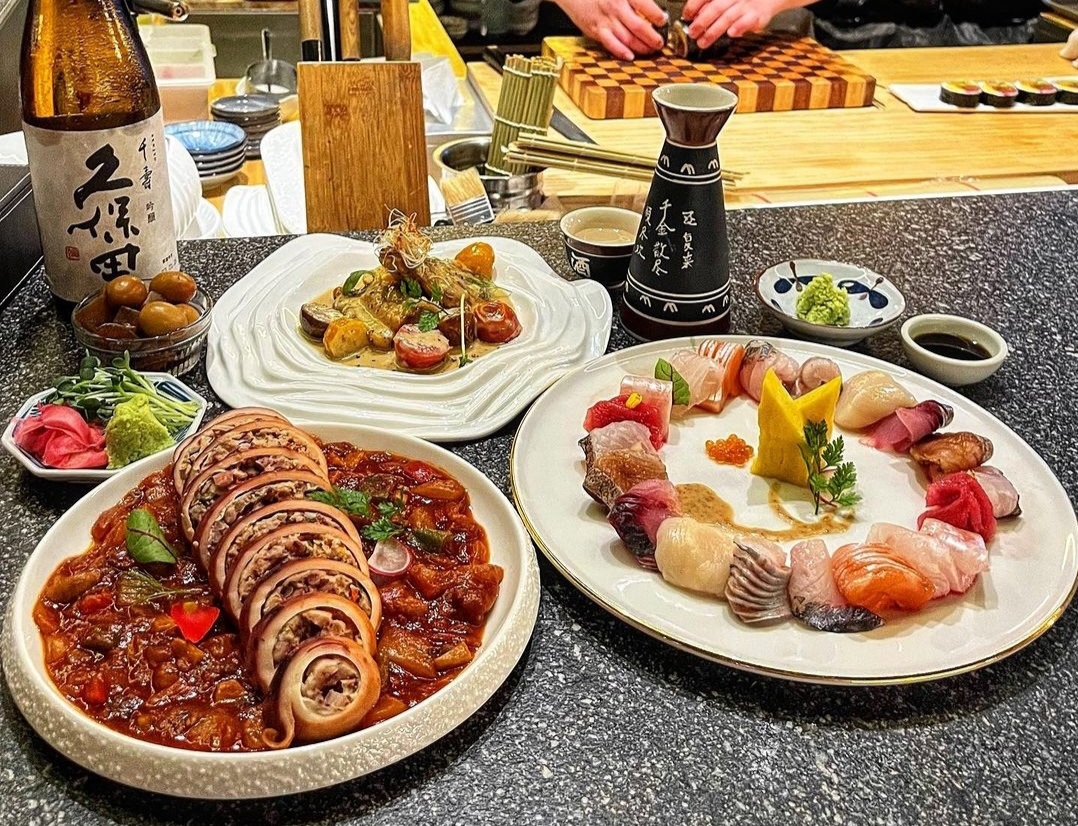 Sake, ryori dim-lit dining izakaya with elegant plating