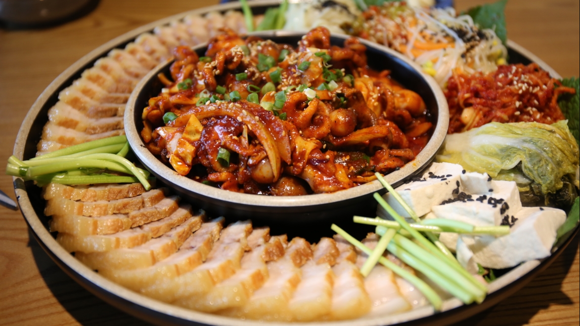 Myungji firsthouse bossam, jokbal and salted seafood spreads