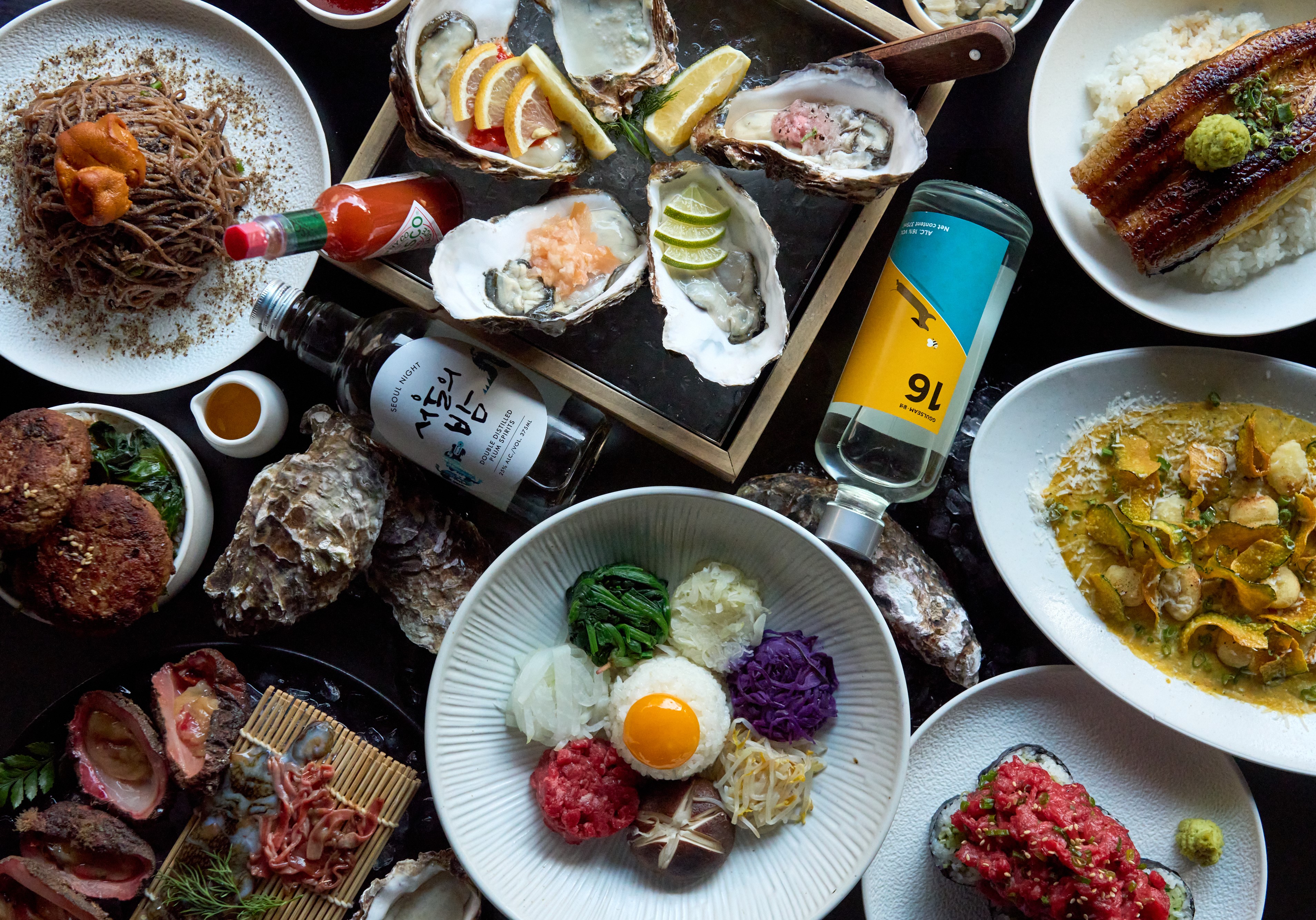 Jinjak Kakii oyster platter and Korean seafood courses with wine