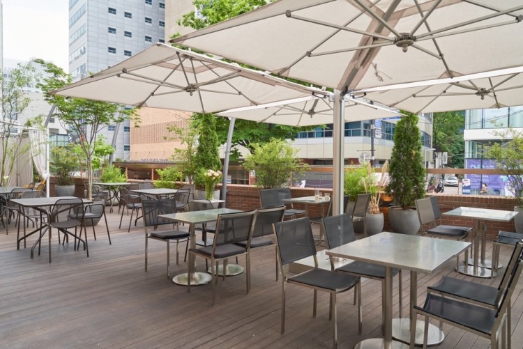 Bistro74明洞大教堂附近露台，摆有酒和共享菜肴