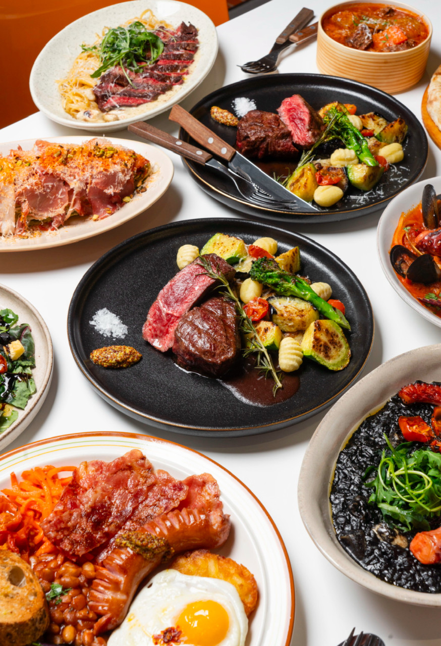 Dewblock Isu Station brunch and casual dining plates with wine