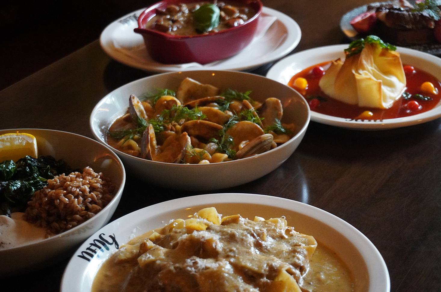 NFNG cozy wooden dining bar plates and wine