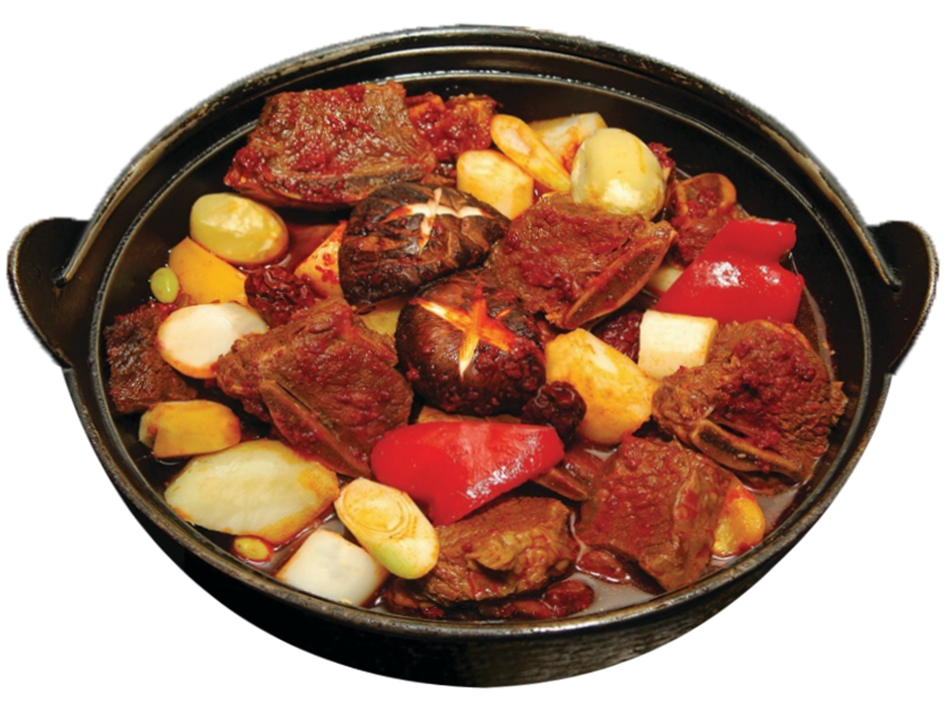 너비집 辣味燉豬갈비在寬鍋中滾燙沸騰