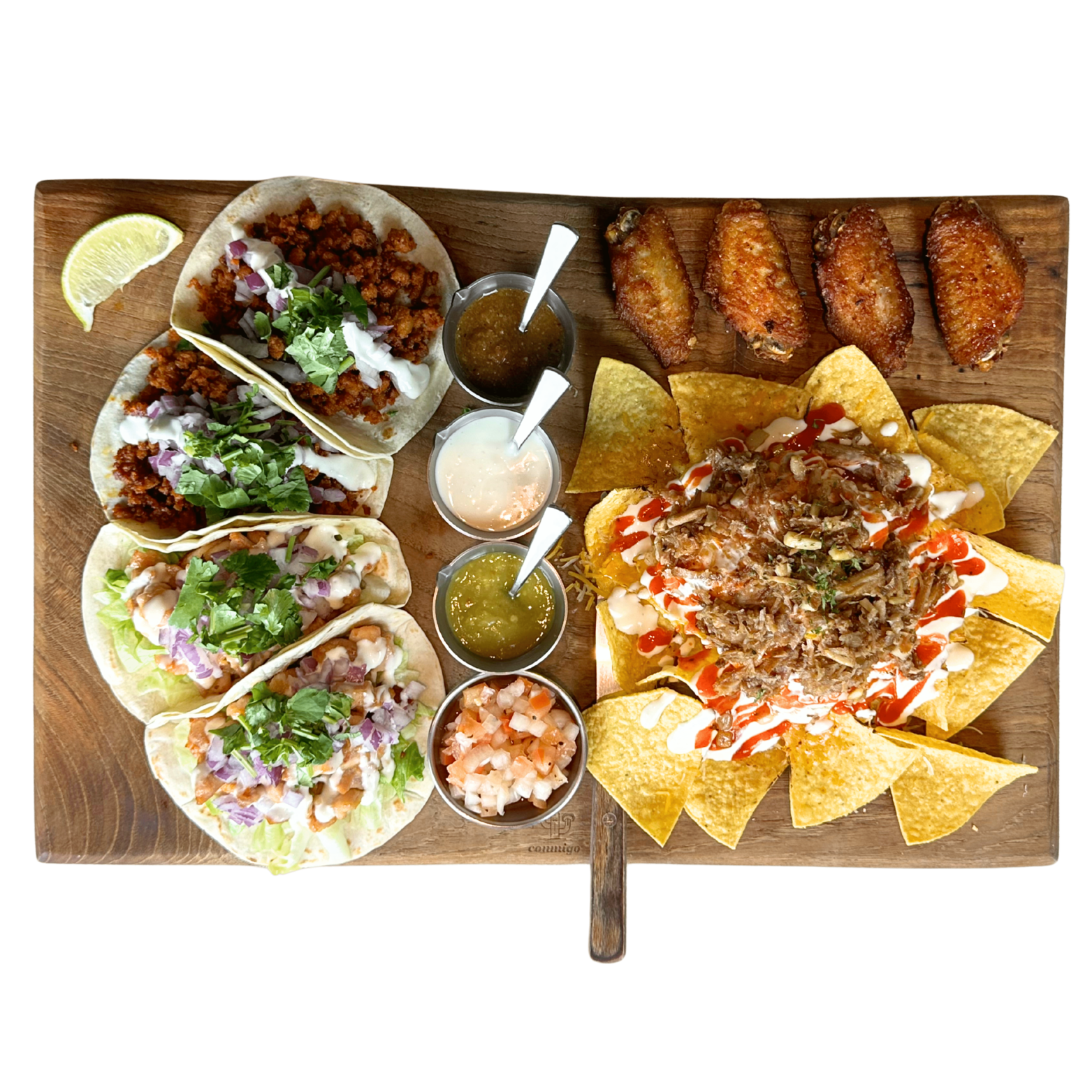 Tacos and salsas at Conmigo Olympic Park