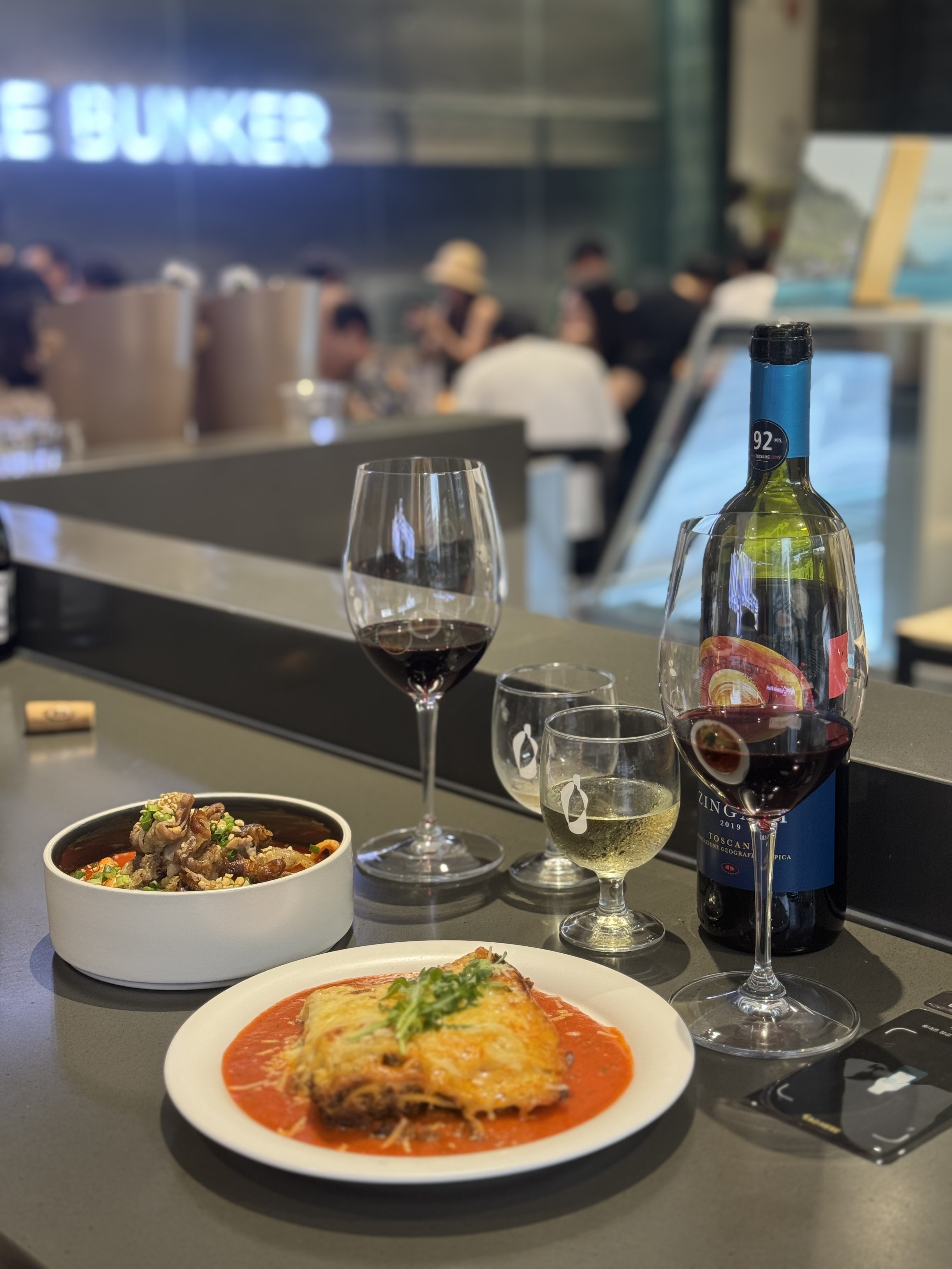 Bottle Bunker Bistro wine wall and plates