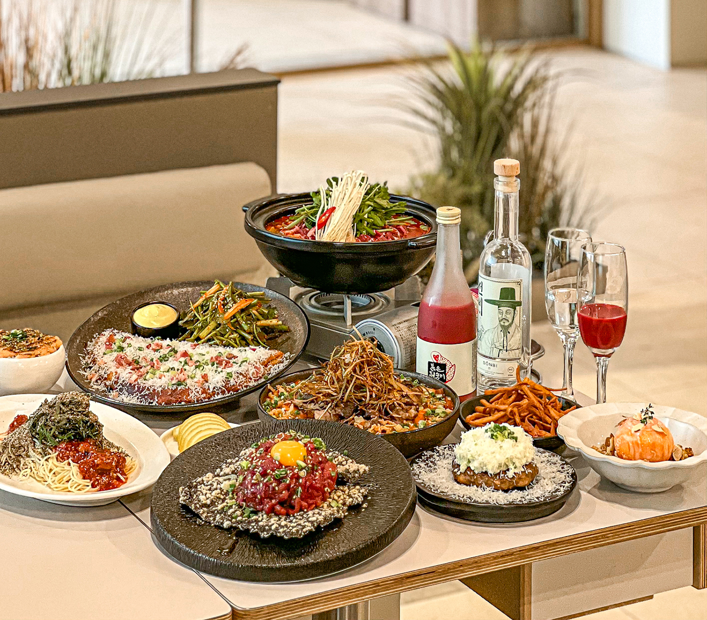 SOBOKI Gangnam's large tavern setting with traditional liquors and fusion anju