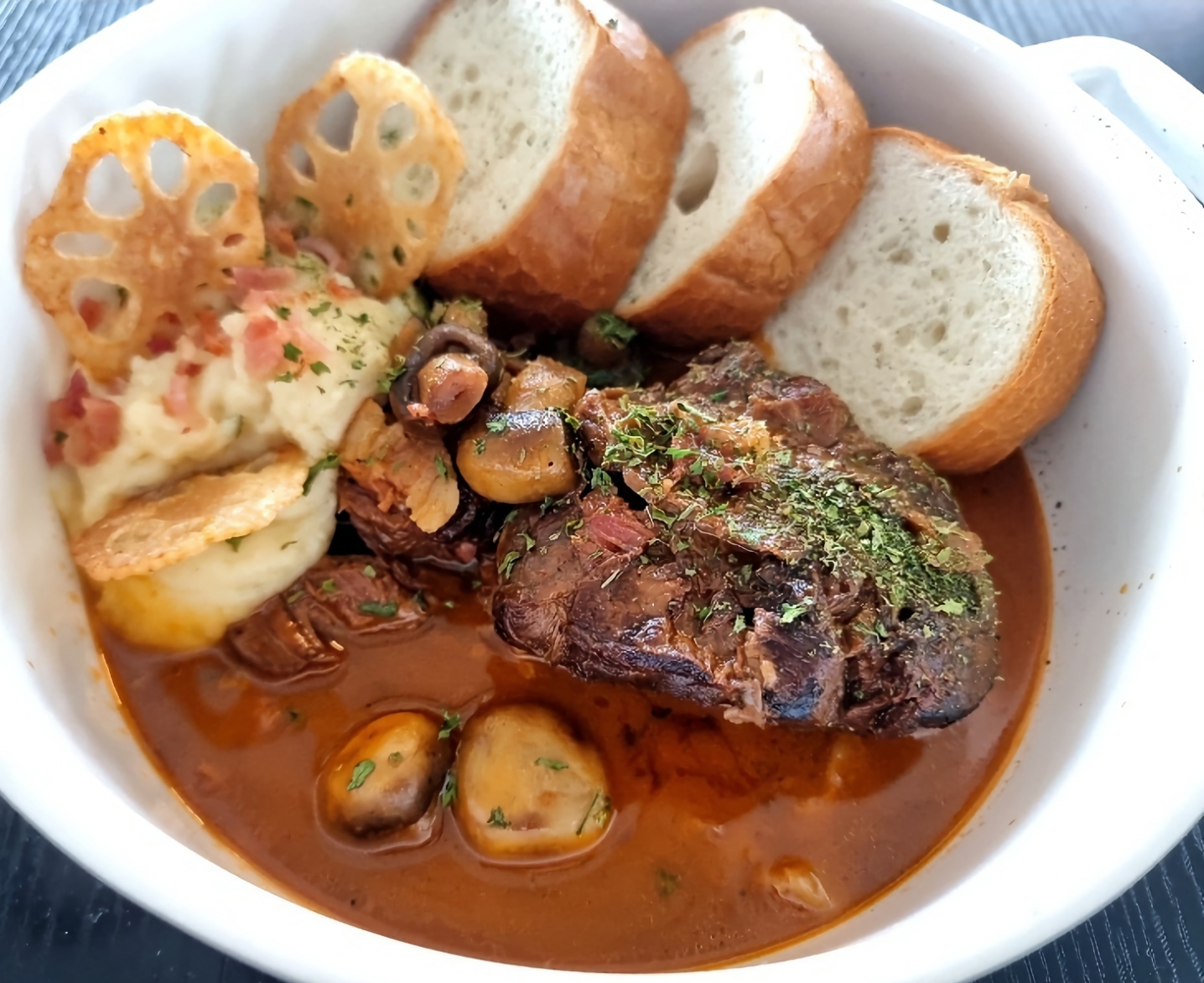 Monarch Bistro Han River terrace with beer and chicken