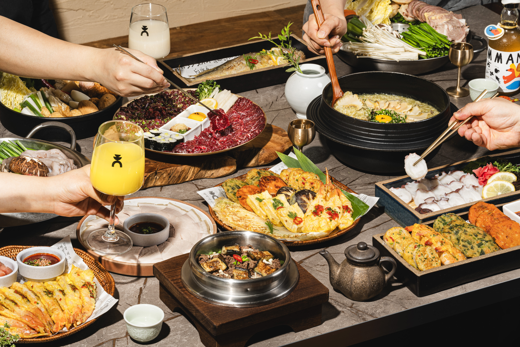 Gobangchae Yeouido modern Korean tables with rice pot and pancakes