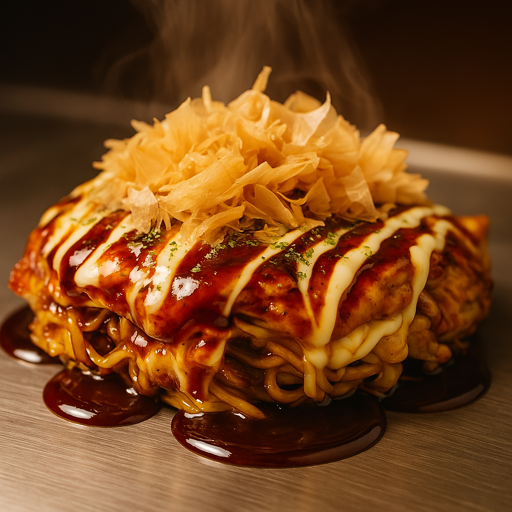 Chibo Sinsa Osaka-style okonomiyaki on a hot teppan